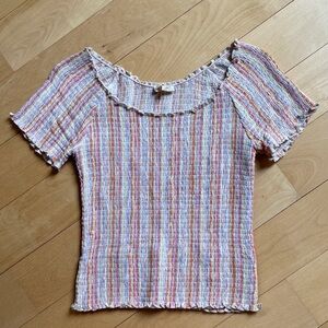 Women’s Mystree (boutique brand) Smocked Short Sleeve Top — Pastel Stripe, M